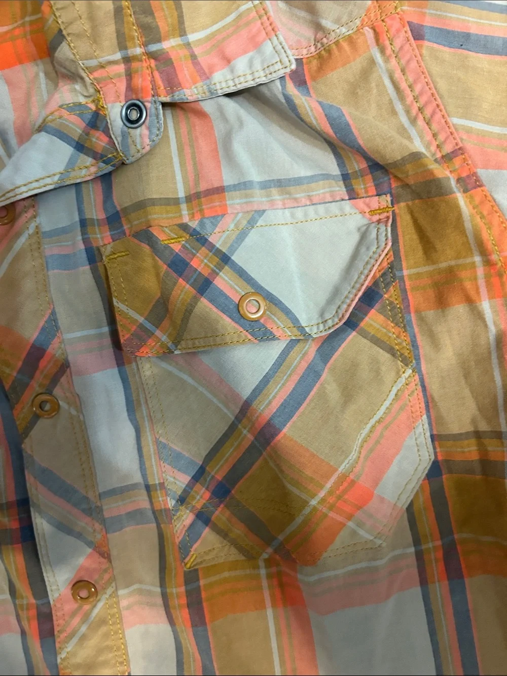 The North Face Orange and Cream Plaid Short Sleeve Button-Down Shirt